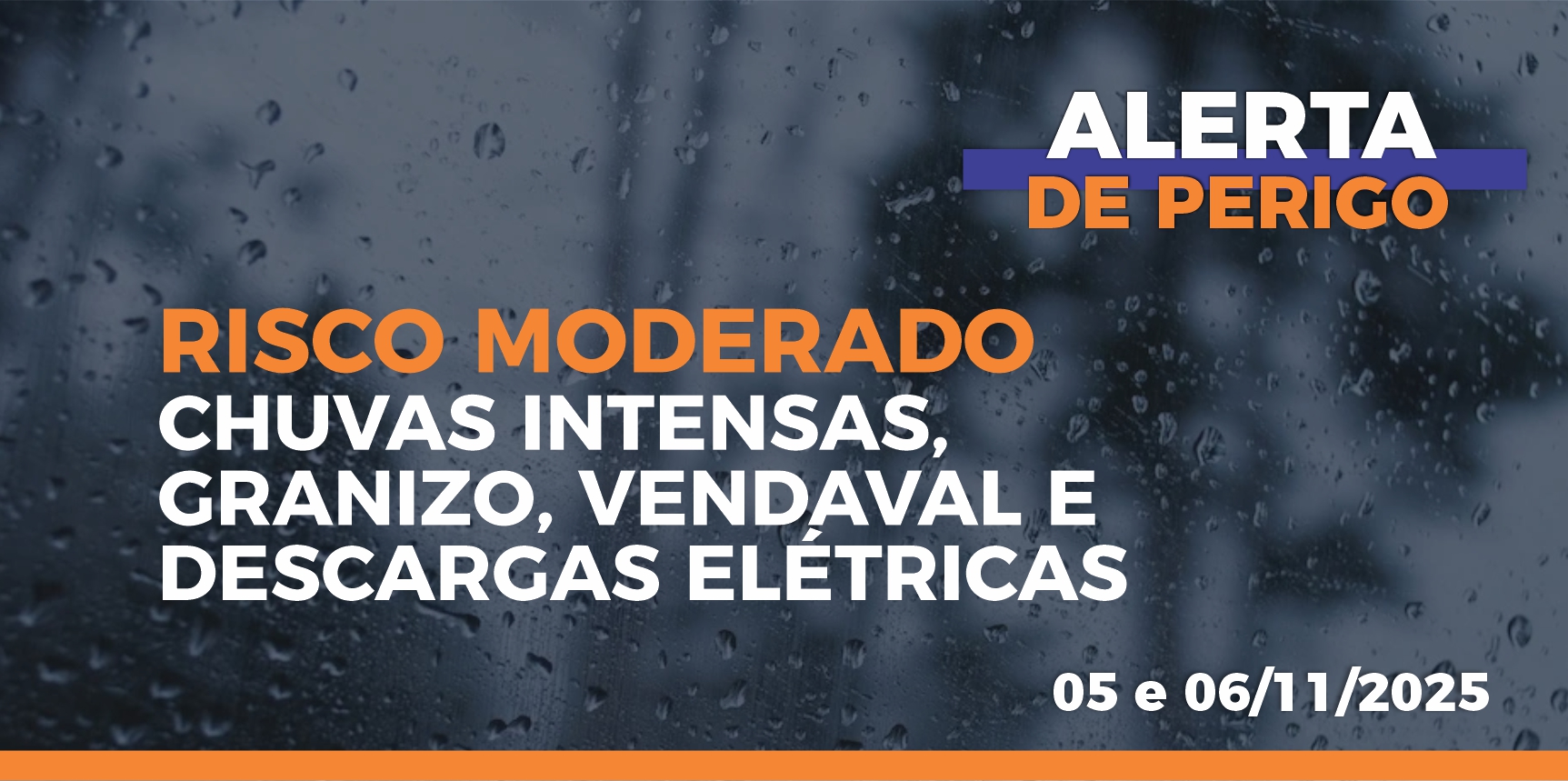 Defesa Civil emite alerta para risco moderado de chuvas intensas, vendaval e granizo para os dias 05 e 06 de novembro